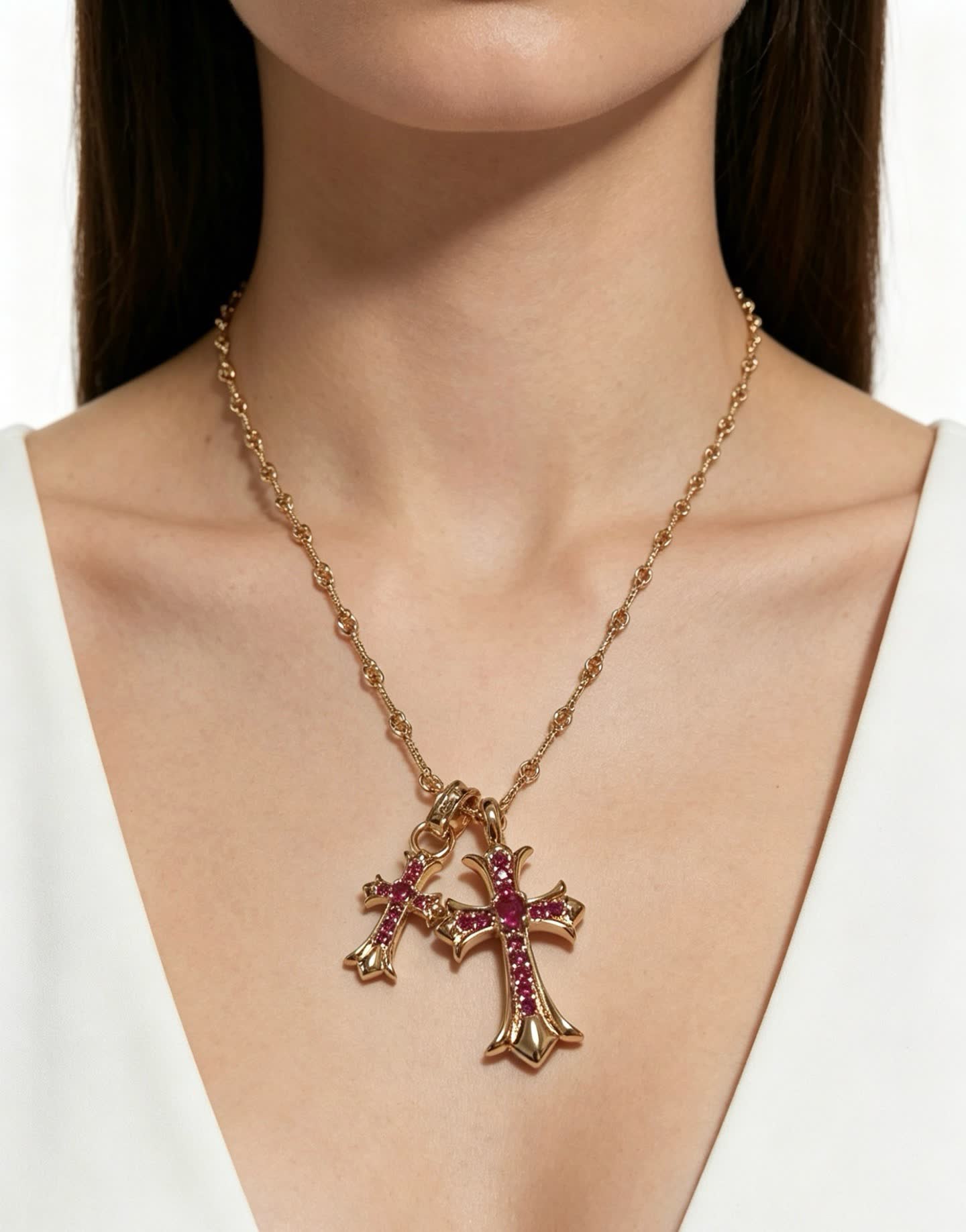 Chrome Hearts Gold Plated Cross Pendant with Ruby Stones